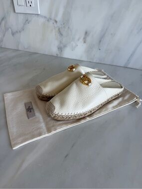 Valentino Cream Leather Espadrille Mules with Gold Logo